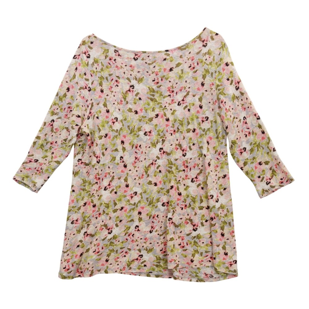 J. Jill Love Linen Top Womens M Pink‎ Floral 3/4 Sleeve Tie Back Empire Waist